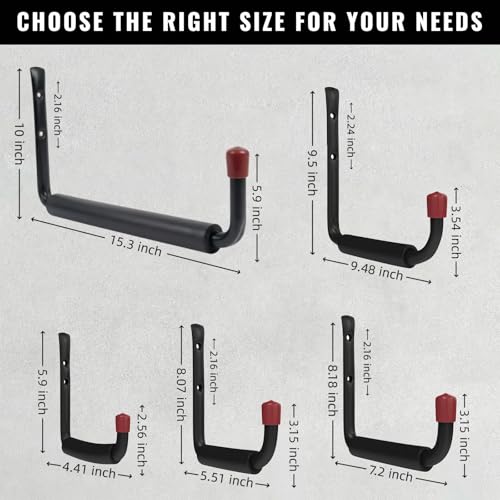 6 Pack Garage Hooks Heavy Duty, 5.51 Inch Easy to Install Steel Ladder Storage Hooks, Wall Mount Organizer with EVA Pads for Kayaks, Bikes, Chairs, Tools