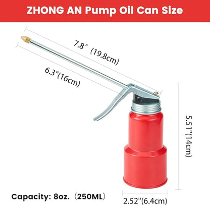 2-Pcs Oil Can Hand Pump Oiler Metal Pump Oil Can 8oz. (250ml) with Metal Straight & Long Flex Spout - color: 2 Red 8oz.