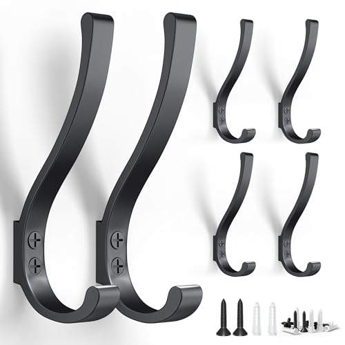 BREYDROK 6-Pack Heavy Duty Coat Hooks for Wall Mount - Durable Wall-Mounted Hooks for Hanging Coats, Backpacks & Bookbags, Rust-Resistant Coat Hanger Hooks for Entryway, Garage, Dorm - color: 6pcs + Black