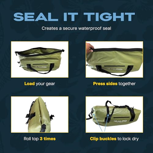 Malo’o Waterproof Dry Duffel, Heavy-Duty Roll Top Waterproof Gear Bag with Shoulder Strap & Molle Loops, Marine Duffel for Kayaking, Boating, Camping, Beach & Travel, Dark Green, 40L - color: Dark Green, size: 40L