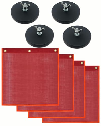 Magnetic Safety Flag, Red Warning Flags with Strong Magnet 18 x 18 Inch Red Mesh Oversize Load Safety Flag Warning Signs for Trucks, Trailers, Pedestrian Crossings and Oversized Loads-4 Set - color: Black+Red