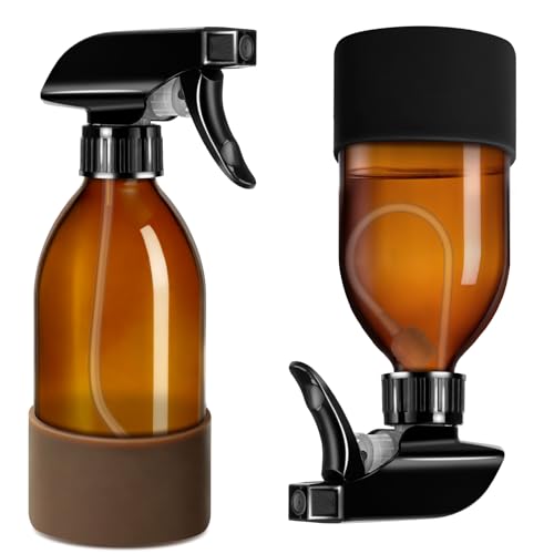 Tecohouse 2 Pack 360° Amber Glass Spray Bottles with Silicone Sleeve, 8 oz Empty Refillable Containers with Adjustable Spray Nozzles, Dark Spray Bottles for Cleaning Solutions, Plants (Black & Brown) - color: Amber, size: 8OZ