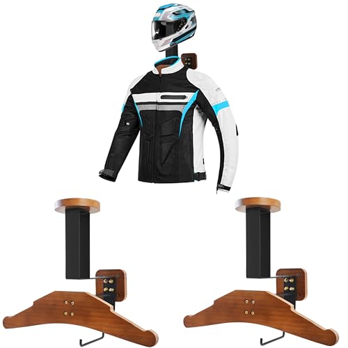 Clothing&Helmet Holder Wall Mount Rack Motorcycle Helmet Accessories with Helmet Stand and Cloting Hanger, Tactical Gear Holder Solid Wood Organizer & Display for Police, Football, Brown - color: Brown