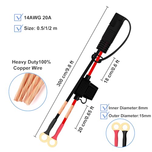 Sae to O Ring Terminal Harness 14AWG 20A Battery O Ring 8mm Connectors for Car Battery Charger 12V 24V for Solar Panel, Motorcycle, Car, RV (9.8FT / 3 m) - size: 9.8FT / 3 m