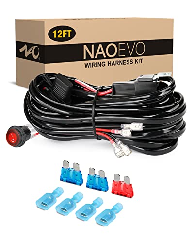 NAOEVO 12FT LED Light Bar Wiring Harness Kit 16AWG 2 Leads 12V On Off Waterproof Switch Power Relay Blade Fuse for LED Work/Off Road Lights (12FT)