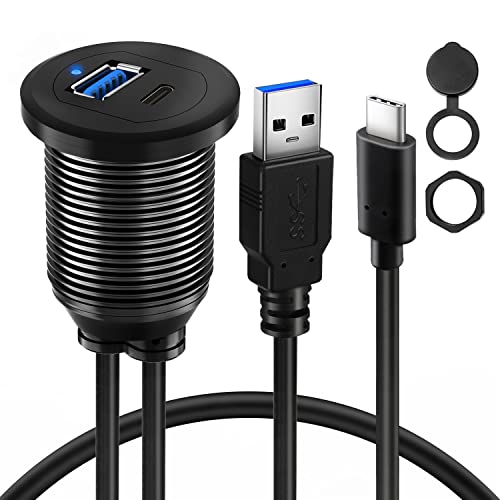 Type C 3.0 USB 3.0 Alloy Shell Car Mount Flush USB Port Cable Male to Female, Car Truck Boat Motorcycle Dashboard Panel Extension Cable LED Indicator - 3ft - style: USB3.0 & Type_C 3.0 3ft