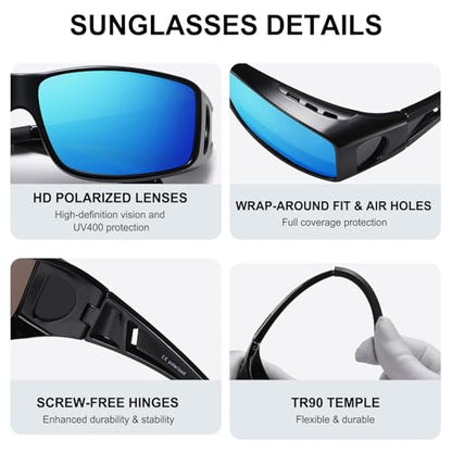 Wzerry Sunglasses Fit Over Glasses Polarized for Men Women, Wrap-Around Glasses UV400 Protection for Driving and Outdoor - color: Black/Blue + Transparent Grey/Blue + Transparent Purple/Pink