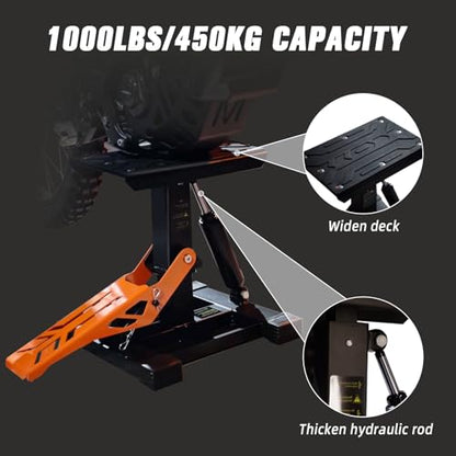 Motorcycle Lift Stand Dirt Bike Jack Stand 1000Lbs Capacity Hydraulic Lift Adjustable Height Hoist Table for Dirt Pit Bike Ebike Repair Maintenance KLX CRF Surron Talaria eRide Tuttio