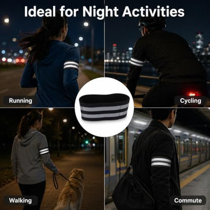 2 PCS Ultra-Reflective Arm Bands Leg Straps for Cycling Adjustable Elastic Safety Wristband for Running Jogging Motorcycle Night Visibility Gear Unisex Black