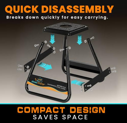GRAND PITSTOP Heavy Duty Motorcycle Stand - Universal Dirt Bike Maintenance Stand, Powder Coated Steel, Non-Slip Off-Road MX Stand (Black)