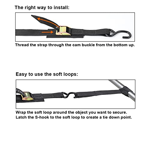 Ayaport Cam Buckle Tie Down Straps 10 feet 2200lbs Break Strength Securing Straps with S Hooks for Motorcycle, Kayak, Car, Truck, Dirt Bike, Pack of 4 - size: Cam Buckle-1"x10\' black