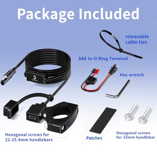 Cliff Top Waterproof Motorcycle USB Charger, 18W PD USB-C Fast Charging, SAE to USB-C Adapter, USB Port with 22–32mm Handlebar Mount for Motorcycle, Scooter, ATV, Phone Devices, Vertical