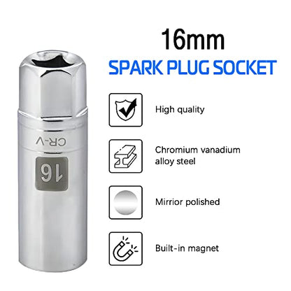 16mm Thin Wall Magnetic Spark Plug Socket 3/8 Inch Drive 12-Point Spark Plug Socket Compatible with BMW, Benz, Mini Cooper, Nissan, Citroen, Infiniti, Renault, Peugeot and some lawn mowers and ATVs - size: 16mm