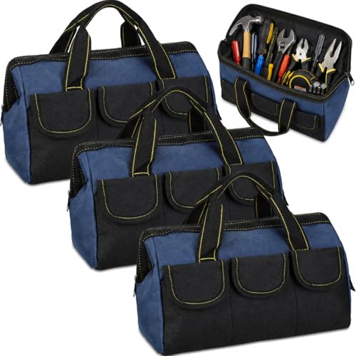 Sanwuta 3 Pack Tool Bag for Men with Waterproof Hard Bottom, Heavy Duty Tool Bag Wide Mouth Tote for Various Instrument, Electrician Carpenter Mechanic(Blue,16 Inch,Classic) - color: Blue, size: 16 Inch, style: Classic