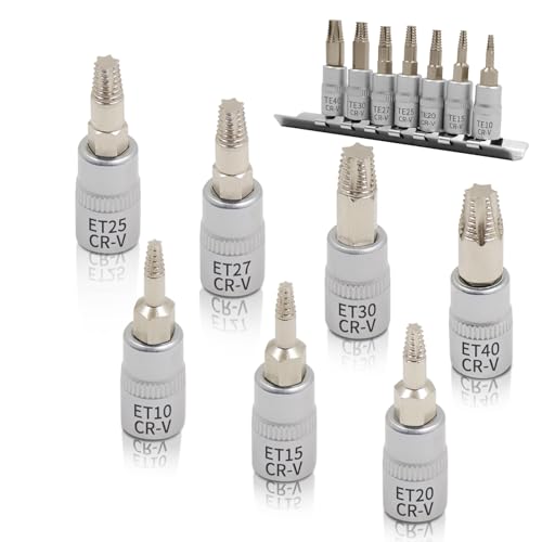 7PCS Torx Star 6 Point 1/4-Inch Impact Drive Socket Kit, Broken Bolt Extractor with T10 T15 T20 T25 T27 T30 T40 - Damaged & Stripped & Fastener Screw Remover Tool Set