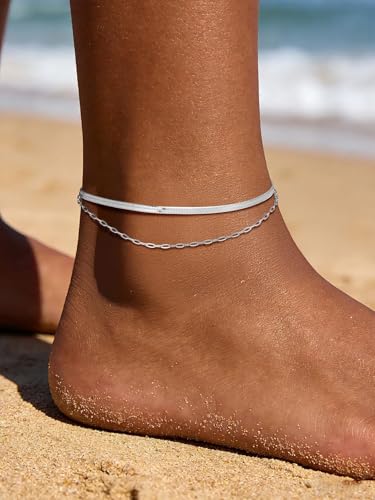 U7 Silver/Gold Ankle Bracelets for Women Layered Chain Anklets Stainless Steel Waterproof Summer Beach Anklet Cham, Adjustable 8.5"-10.5" - color: Silver - Flat Snake Chain+Paperclip Chain