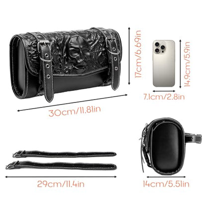 Rogierra 7.1L Motorcycle Tool Bag,Universal PU Leather Motorcycle Fork Bag Waterproof Handlebar Bag For Harley Suzuki Kawasaki,Black Adjustable 3D Skull Bag - style: Embossed Skull Pattern