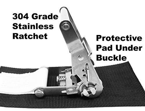 1.5 Inch Stainless Steel Ratchet Strap with Protective Pad Under Buckle, Stainless Steel Carabiner Clip with Grommet On Both Ends, Total Strap Length 10 Ft. - color: White