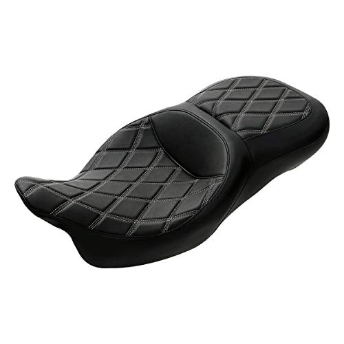 C.C. RIDER Driver Leather Passenger Seat - Fat Diamond 2-Up One-Piece Fit for Harley Touring Road King Street Glide Road Glide Electra Glide 2009-2023 - color: Grey with Coffee Stitches