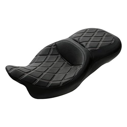 C.C. RIDER Driver Leather Passenger Seat - Fat Diamond 2-Up One-Piece Fit for Harley Touring Road King Street Glide Road Glide Electra Glide 2009-2023 - color: Grey with Coffee Stitches