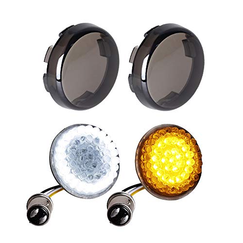NTHREEAUTO Smoked Bullet Front Turn Signals LED Lights Panel Compatible with Harley Dyna Road Street Glide Road King Iron 883 Street Bob - color: Amber/White (Halo Diode)