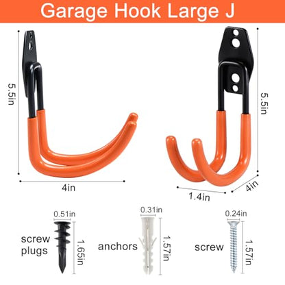 AOBEN Garage Hooks Heavy Duty, Steel Garage Storage Hooks, Utility Tool Hangers and Combinable Wall Mount for Organizing Ladders, Bikes, Hoses, and More Equipment (Large J, 4 Pack) - size: Large J Hooks, 4 Pack