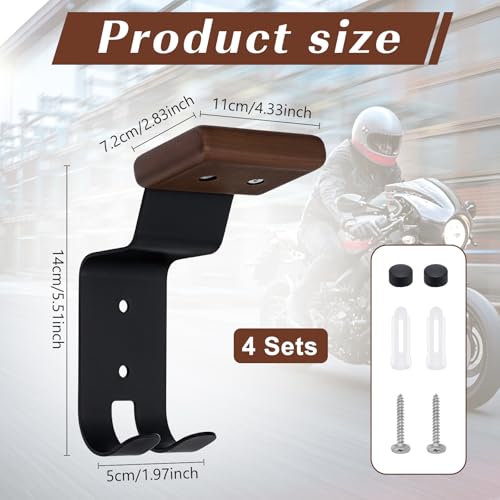 4PCS Helmet Wall Mount Motorcycle Helmet Holder Helmet Rack Wall Mount with Double Hook Beech Wood & Metal Helmet Hanger for Football Helmet Hats Coats Sportswear