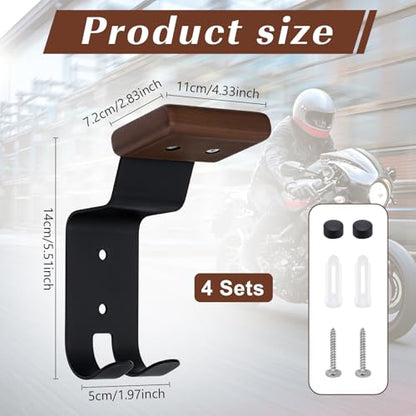 4PCS Helmet Wall Mount Motorcycle Helmet Holder Helmet Rack Wall Mount with Double Hook Beech Wood & Metal Helmet Hanger for Football Helmet Hats Coats Sportswear