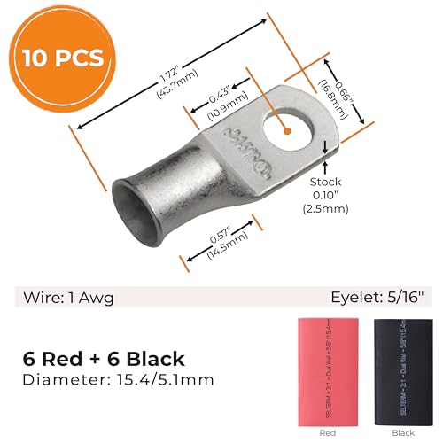 SELTERM 10pcs - 1 Awg - 5/16" Stud - Battery Lugs - Ring Terminal Connectors | with 12pcs 3:1 Black & Red Heat Shrink Tubing with Adhesive | Heavy Duty Battery Cable Ends - Tinned Copper Wire Lugs Kit - color: Tinned Copper Lugs + Heat Shrinks, size: 1 Aw
