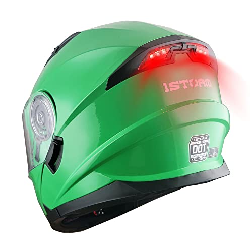1Storm New Motorcycle Bike Modular Full Face Helmet Dual Visor Sun Shield with Rechargeable LED Tail Light: Glossy Green - color: Glossy Green, size: Large