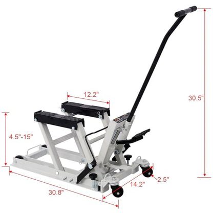 1500 Lbs Capacity Hydraulic Motorcycle Lift Jack - Gray Steel ATV Scissor Lift Table with Wheels and Safety Features