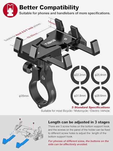 Tiakia Bike Phone Mount Holder, Aluminum Motorcycle Phone Mount, Handlebar Mounted Cell Phone Holder for Bike, 360° Rotation, Universal Bicycle Phone Mount for 4.5-7 Inch Phones - color: Black-1