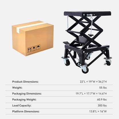 Hydraulic Motorcycle Scissor Jack Lift with Foot Step Lever and 4 Wheels, Adjustable Height from 13.5" to 36.2", 300 lbs Capacity, Lift Table for Dirt Bikes, ATVs, Motorcycles, Snowmobiles (Black)
