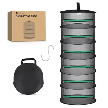 Yesker 6 Layer Herb Drying Rack Hanging Mesh Net Foldable Plant Drying Racks 24" Diameter with Green Zipper & Hook Dryer Hanging Rack for Herbs Seed Bud Fruit Clothes Grow Tent Closets Garden Outdoor - size: 6 Layers Fluorescent Green & Black with Hook