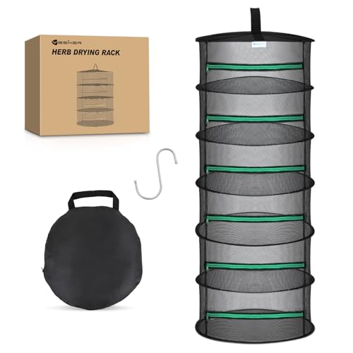 Yesker 6 Layer Herb Drying Rack Hanging Mesh Net Foldable Plant Drying Racks 24" Diameter with Green Zipper & Hook Dryer Hanging Rack for Herbs Seed Bud Fruit Clothes Grow Tent Closets Garden Outdoor - size: 6 Layers Fluorescent Green & Black with Hook