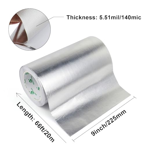 BOMEI PACK Adhesive Aluminum Foil Heat Shield Tape 9inch x 66ft Barrier Fiberglass Thermal Insulation Reflective Material High Temp Protectionn,1 Pack - size: 9inch x 66ft
