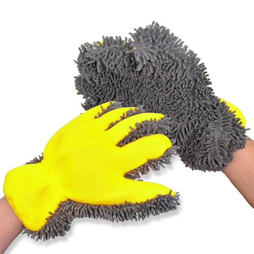 Car Wash Mitt Microfiber Scratch Free,Premium Chenille Ultra-Soft Car Wash Gloves,Thickened Inside Coated Swirl-Free Finish 5-Finger Design Detailing for Cleaning Car Wash Brush,2-Pack Yellow - color: Car Wash Mitt Yellow 2p