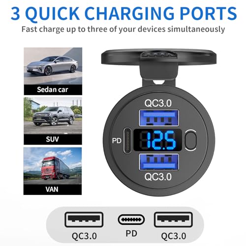 2 pack 12V USB C Outlet Marine USB Charging Port for Car, Dual Quick Charge 3.0 & PD 3.0 Car Charger Socket with Button Switch and Voltmeter, Cigarette Lighter Replacement DIY Kit for 12V/24V Vehicles - color: 2 pack