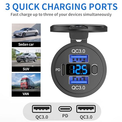 2 pack 12V USB C Outlet Marine USB Charging Port for Car, Dual Quick Charge 3.0 & PD 3.0 Car Charger Socket with Button Switch and Voltmeter, Cigarette Lighter Replacement DIY Kit for 12V/24V Vehicles - color: 2 pack