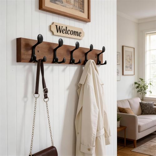 WEBI Coat Rack Wall Mount,30" Solid Wood Coat Hooks Wall Mounted Coat Hanger,16" Hole to Hole,Heavy Duty 5 Triple Hooks for Hanging Coats,Jacket,Hat,Backpack,Farmhouse,Reddish Brown - color: Reddish Brown, size: 30 Inch
