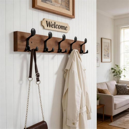 WEBI Coat Rack Wall Mount,30" Solid Wood Coat Hooks Wall Mounted Coat Hanger,16" Hole to Hole,Heavy Duty 5 Triple Hooks for Hanging Coats,Jacket,Hat,Backpack,Farmhouse,Reddish Brown - color: Reddish Brown, size: 30 Inch