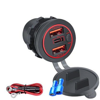 3 Ports 18W USB Car Charger With Switch, 12-24V Dual QC 3.0 USB & PD USB C Cigarette Lighter Socket Outlet, Dashboard Mount Quick Charge Charger for Car Motorcycle Truck Marine Boat (Red Light) - color: Red Light