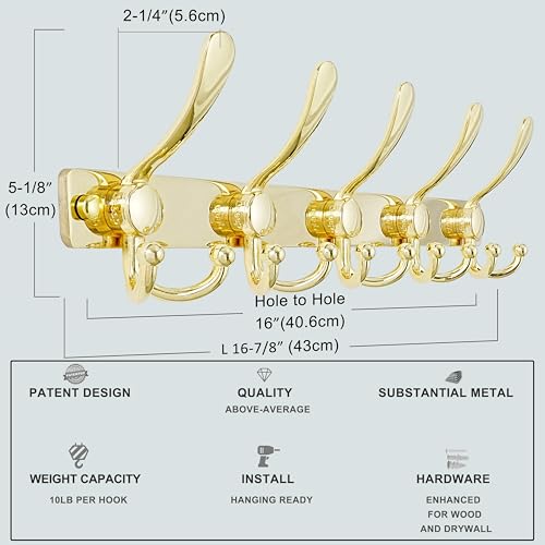 Dseap Coat Rack Wall Mount, Heavy Duty 12-Gauge Base vs Flimsy 1mm, Double-Thick Solid Anti-Snap Hooks, 16” Stud-Mount, Stainless Steel Hanger for Clothes Hat Entryway Closet Mudroom, Gold - color: Gold, size: L=17" (1pcs)
