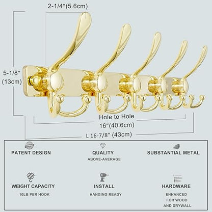 Dseap Coat Rack Wall Mount, Heavy Duty 12-Gauge Base vs Flimsy 1mm, Double-Thick Solid Anti-Snap Hooks, 16” Stud-Mount, Stainless Steel Hanger for Clothes Hat Entryway Closet, Gold, Pack of 2 - color: Gold, size: L=17" (2pcs)