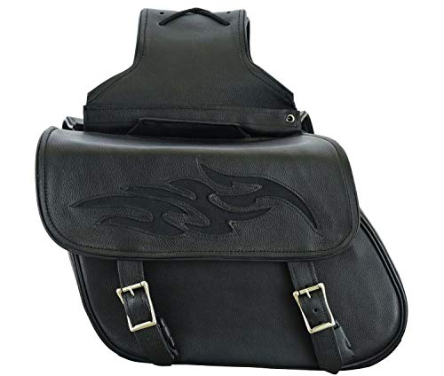 Motorcycle 2 Pc Throw over Concealed carry gun pocket Genuine Leather Zip Off Saddlebag Flame Blk