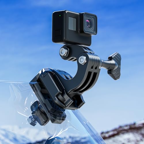 Kewig Motorcycle Windshield Camera Mount with Aluminum Alloy Clip Base, Compatible with GoPro/DJI OSMO/Insta360 Action Camera, Angle Adjustable, Quick-Release Design