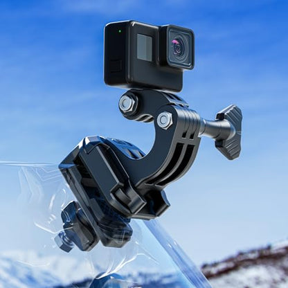Kewig Motorcycle Windshield Camera Mount with Aluminum Alloy Clip Base, Compatible with GoPro/DJI OSMO/Insta360 Action Camera, Angle Adjustable, Quick-Release Design