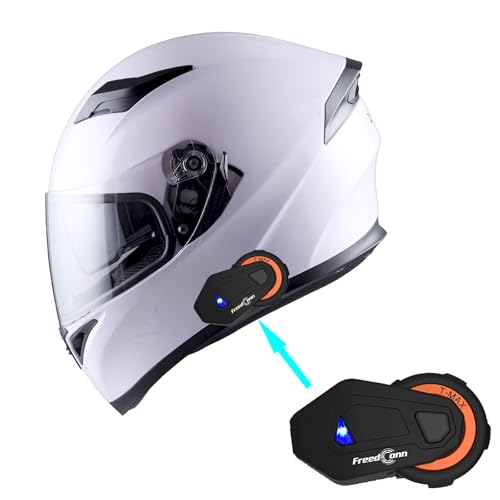 1Storm Motorcycle Full Face Dual Visor Helmet Bundle with Freedconn Spoiler Bundle with Freedconn Motorcycle Bluetooth Headset: HJK316 Glossy White - color: Glossy White + Bluetooth, size: Large