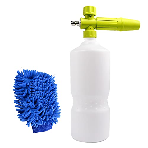 Foam Cannon 1 L Bottle Car Wash Snow Foam Lance with 1/4" Quick Connector Pressure Power Jet Washer Quick Release Adjustable Nozzle with 1 Washing Mitts - color: Foam Gun with Mitt