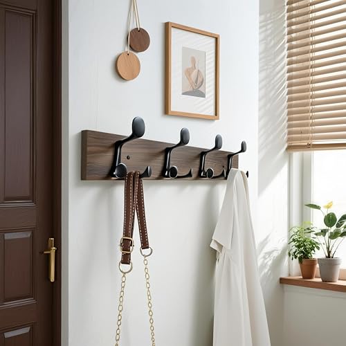 WEBI Coat Rack Wall Mount,24" Solid Wood Coat Hooks Wall Mounted Coat Hanger,16" Hole to Hole,Heavy Duty Hook Rack Rail,4 Triple Hooks for Hanging Coats,Jacket,Clothes,Hat,Backpack,Weathered Brown - color: Weathered Brown, size: 24 Inch